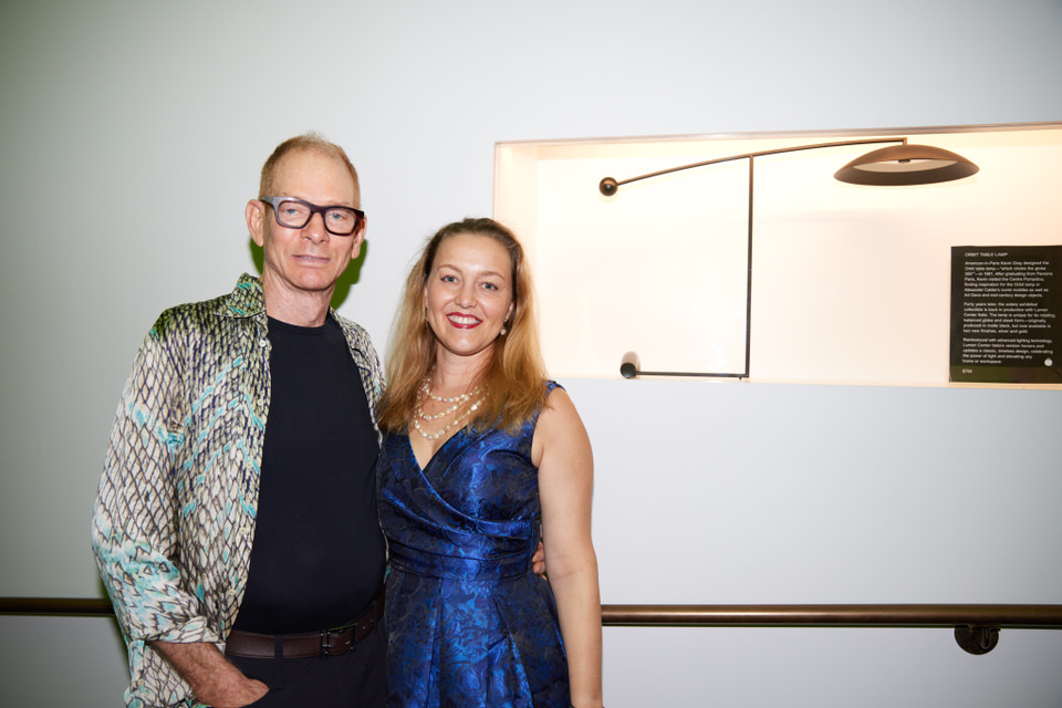 Designer Kevin Gray with his Orbit Lamp during Miami Design Week