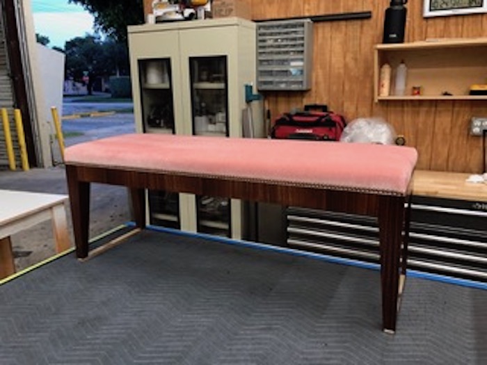 Custom Indian rosewood bench, brass nails and velvet upholstery by Kevin Gray