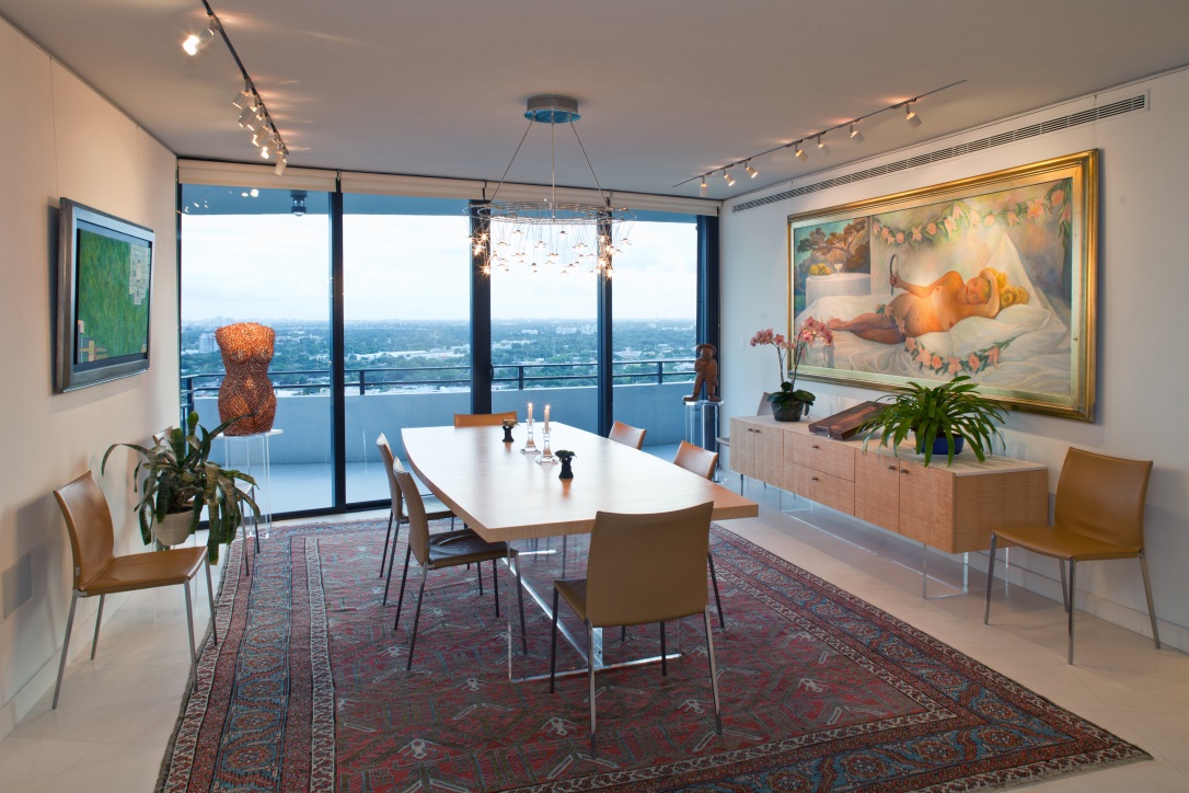 Custom table and buffet in curly quarter-cut sycamore and lucite by Kevin Gray