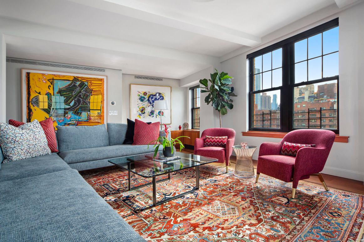 Living room featuring the owners art and antiques: NYC Art Deco gut rehab