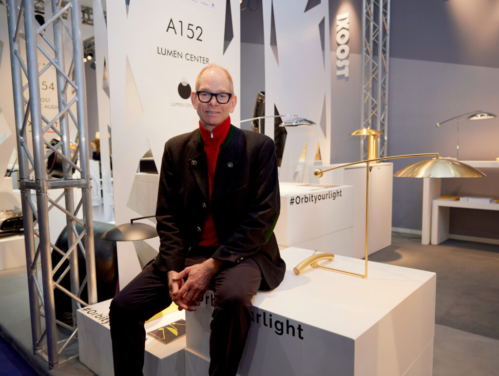 Designer Kevin Gray with his Orbit Lamp at Maison et Objet